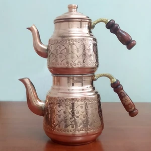 Binbir Trend Çiçek İşlemeli Selçuklu Bakır Çaydanlık Takımı 3 lt.