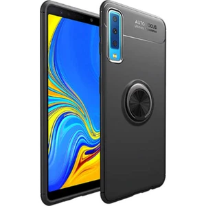 Samsung Galaxy A7 2018 Yüzüklü Manyetik Ravel Kılıf Nano Ekran Koruyucu Full Setsiyah