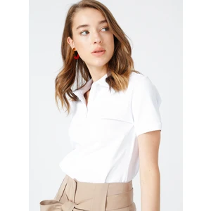 Polo Yaka  Basic Düz Beyaz Kadın T-Shirt  -  DEEP
