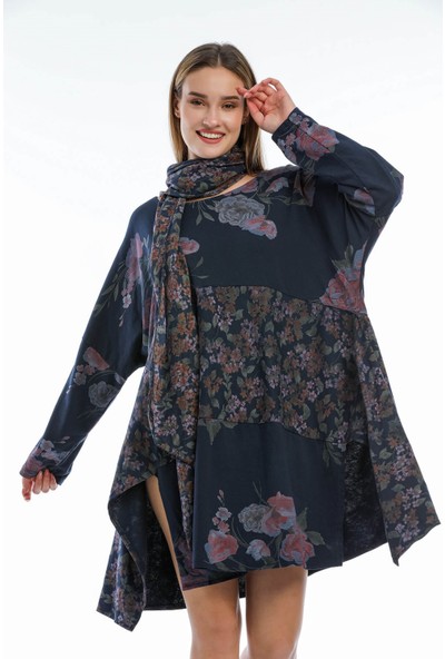 Luisido Lacivert Italyan Gül Desenli Şal Aksesuarlı Retro Salaş Elbise