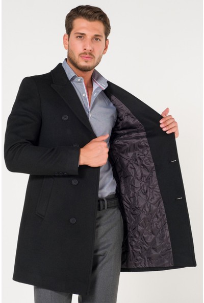 AtakGiyim Erkek Slim Fit Kruvaze Siyah Kaşe Kaban