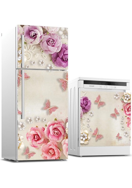 Buzdolabı ve Bulaşık Makinası Beyaz Eşya Sticker Kaplama Gül Kelebek
