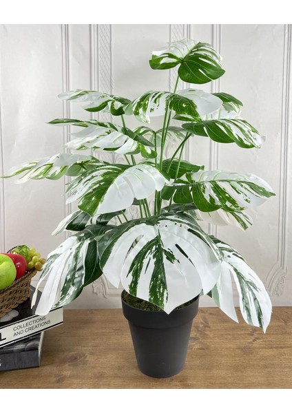 Yapay Ağaç Salon Bitkisi Beyaz Monstera 70 cm 18 Yaprak Antrasit Saksıda Deve Tabanı