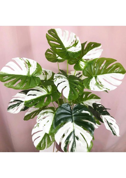 Yapay Ağaç Salon Bitkisi Beyaz Monstera 70 cm 18 Yaprak Antrasit Saksıda Deve Tabanı