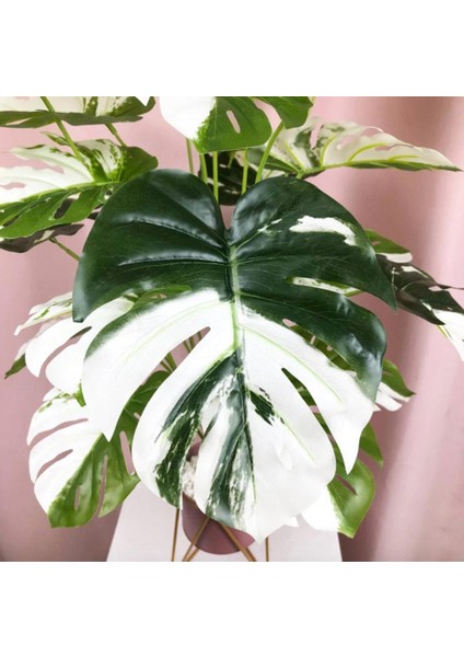 Yapay Ağaç Salon Bitkisi Beyaz Monstera 70 cm 18 Yaprak Antrasit Saksıda Deve Tabanı