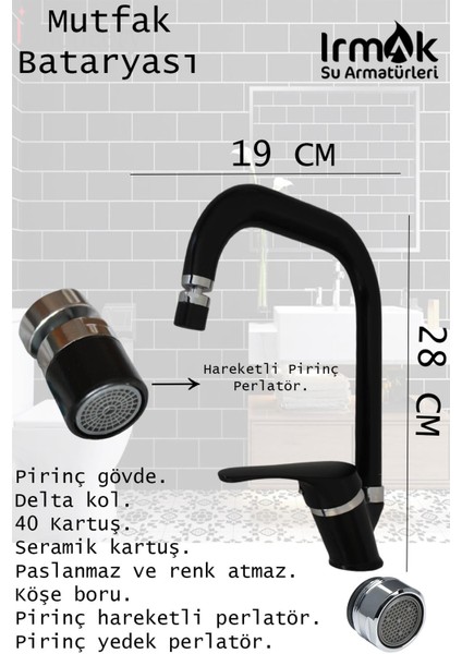 Irmak Eviye Bataryası Armatür Musluk Siyah Renk Köşe Borulu Pirinç Musluk Batarya Mutfak Lavabo