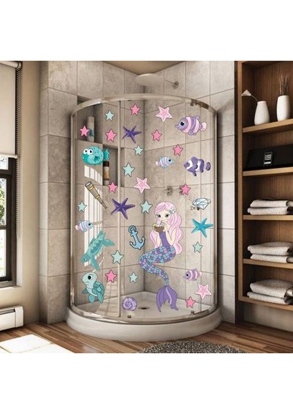 Deniz Kızı Deniz Yıldızları ve Balıklar Duşakabin ve Banyo Sticker