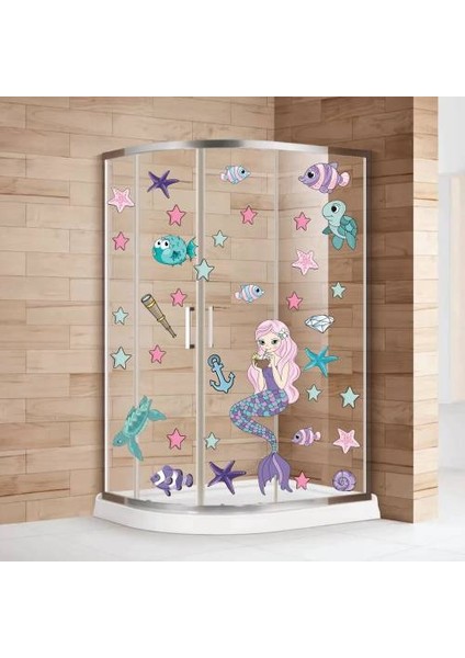 Deniz Kızı Deniz Yıldızları ve Balıklar Duşakabin ve Banyo Sticker