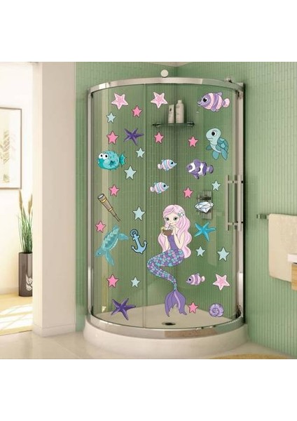 Deniz Kızı Deniz Yıldızları ve Balıklar Duşakabin ve Banyo Sticker