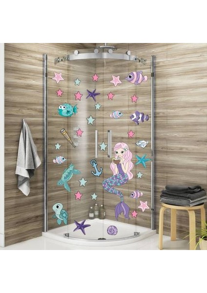 Deniz Kızı Deniz Yıldızları ve Balıklar Duşakabin ve Banyo Sticker