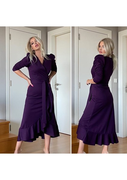 Krep Kumaş Midi Boy Kuşaklı Uzunkol Elbise fiyatları