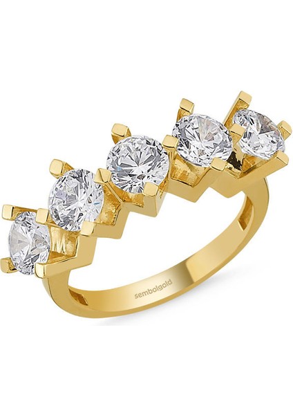 5 Taş Yüzük Sarı Altın Swarovski