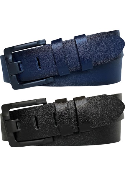 Deri 2'li Geniş Dilli Set Siyah, Lacivert 4.5 cm Kot, Spor Kemer, Siyah Tokalı