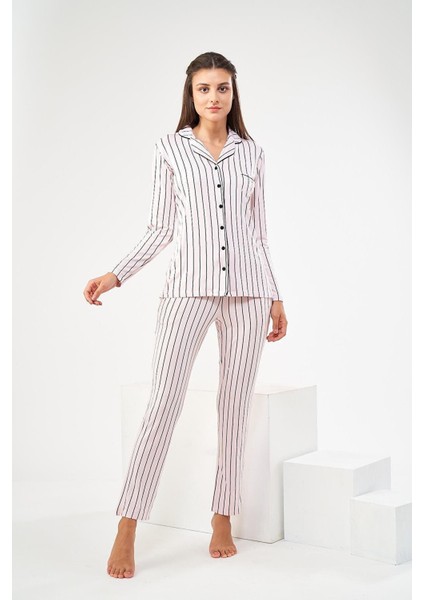 22447 Kadın Çizgili Düğmeli Pijama Takım