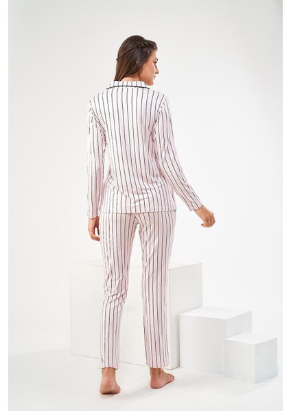 22447 Kadın Çizgili Düğmeli Pijama Takım modelleri