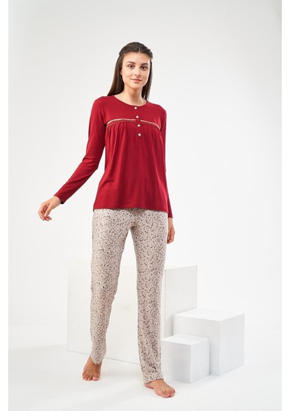 22425 Kadın Düz Dantelli Patlı Pijama Takım