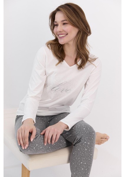 1494 Krem Love Puantiyeli Kadın Pijama Takımı