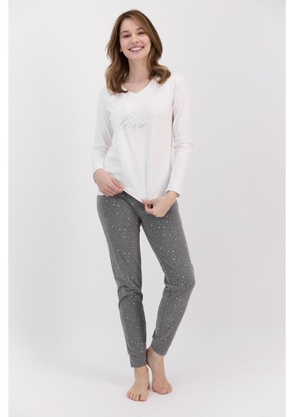 1494 Krem Love Puantiyeli Kadın Pijama Takımı modelleri