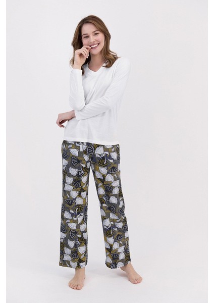 1480 Floral Kadın Krem Pijama Takımı