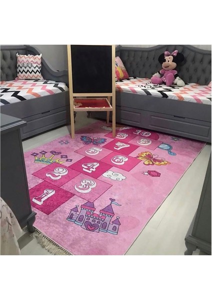 Pembe Seksek Çoçuk Kaymaz Tabanlı Makinede Yıkanabilir Halı Kilim Yolluk Pembe