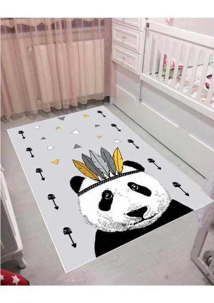 Panda Çocuk Kaymaz Tabanlı Makinede Yıkanabilir Halı Kilim Yolluk Gri