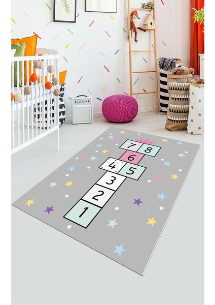 Gri Seksek Çocuk Kaymaz Tabanlı Makinede Yıkanabilir Halı Kilim Yolluk Gri