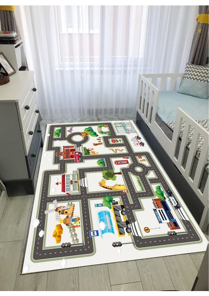 Trafik Yolu Çocuk Kaymaz Tabanlı Makinede Yıkanabilir Halı Kilim Yolluk Gri Beyaz