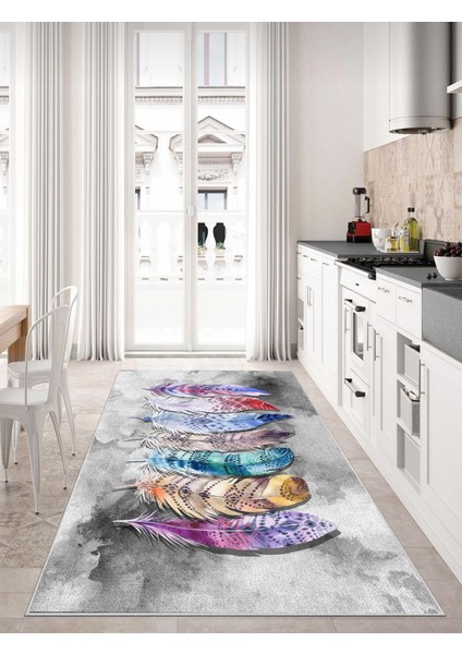 Gri Renkli Tüy Kaymaz Tabanlı Halı Makinede Yıkanabilir Antialerjik Halı Kilim Yolluk