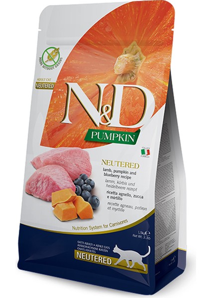 Kuzu Etli Balkabaklı ve Yaban Mersinli Tahılsız Kısırlaştırılmış Kedi Maması 1,5 kg