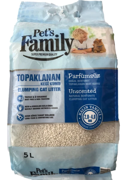 Pets Family Topaklanan Parfümsüz Doğal Bentonit Kalın Taneli Kedi Kumu 5 L