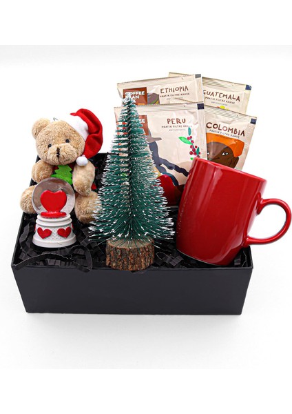 Yılbaşı Ayıcık & Kırmızı Kupa & Dünya Kahveleri Seti & Kalp Kar Küresi & Çam Ağacı Hediye Seti