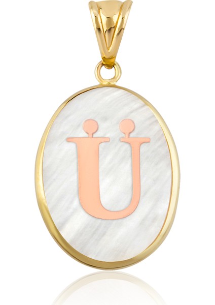 Kırmızı Altın Oval Ü Harfi Sedef Kolye Ucu