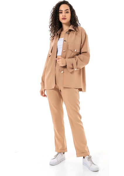 Kadın Gömlek Pantolon Bej Double Takım