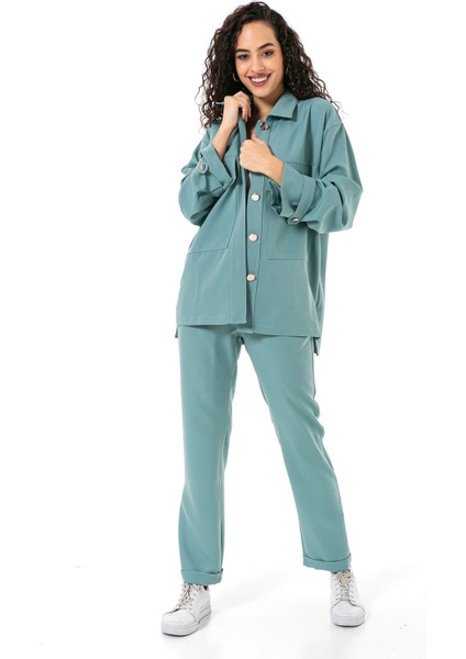 Kadın Gömlek Pantolon Mint Yeşili Double Takım