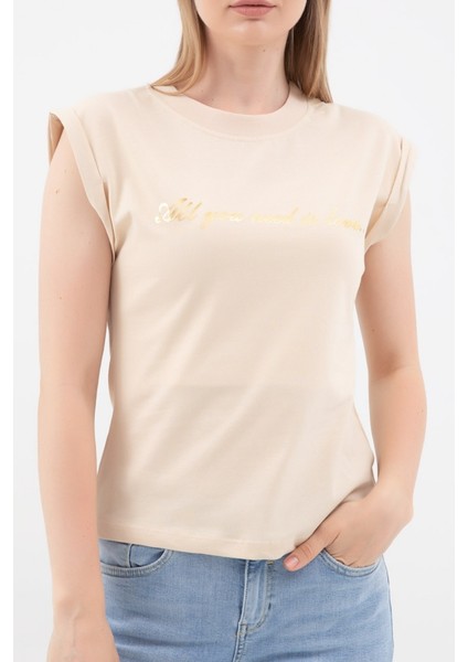 Bej Sıfır Yaka T-Shirt