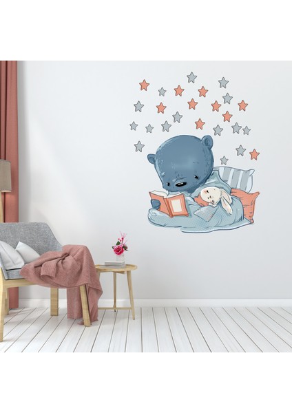 Kitap Okuyan Sevimli Ayıcık ve Tavşan Çocuk Odası Duvar Sticker fırsatları