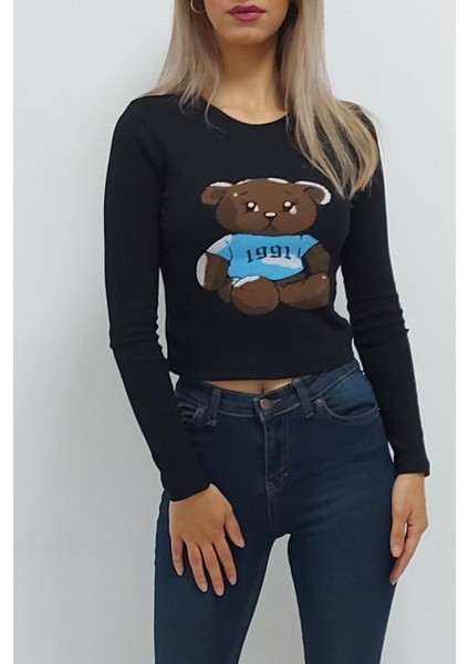 Ayı Baskılı Bluz Siyah