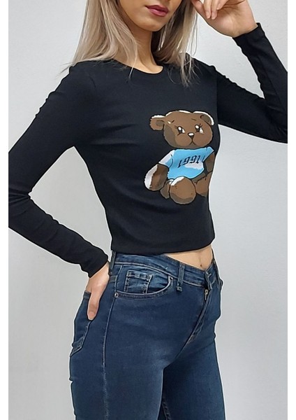 Ayı Baskılı Bluz Siyah