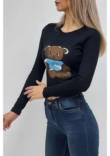 Ayı Baskılı Bluz Siyah