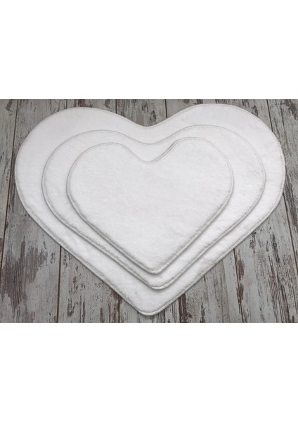 Kalp Krem 3'Lü Banyo Halısı Paspası Seti Kaymaz Pufidik Klozet Takımı