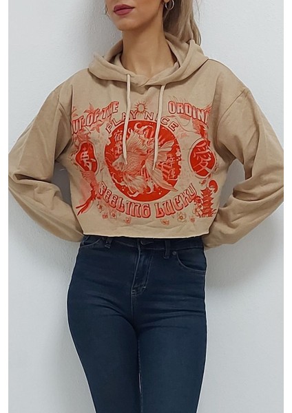 Kapüşonlu Baskılı Altı Kesik Içi Tüylü Sweatshirt Sütlükahve