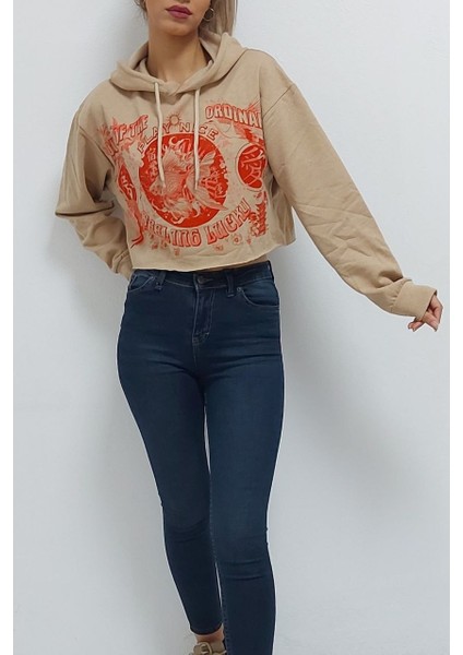 Kapüşonlu Baskılı Altı Kesik Içi Tüylü Sweatshirt Sütlükahve
