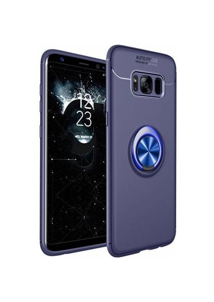 Samsung Galaxy S8 Plus Yüzüklü Manyetik Ravel Kılıf Nano Ekran Koruyucu Full Setmavi