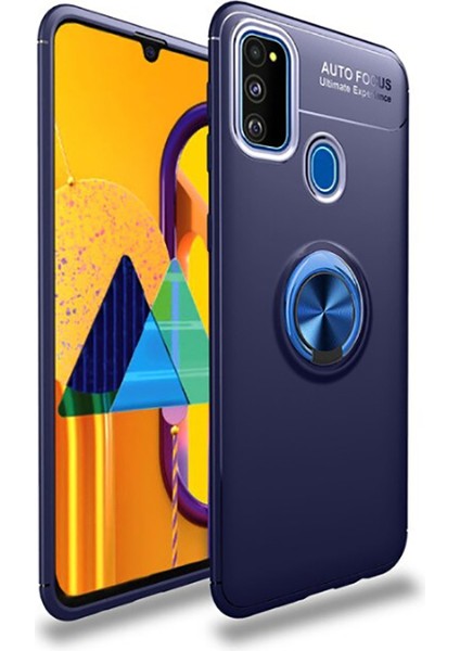 Samsung Galaxy M21 Yüzüklü Manyetik Ravel Kılıf Mavi