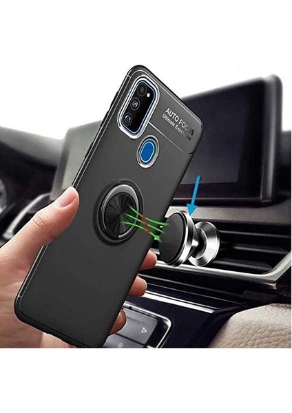 Samsung Galaxy M21 Yüzüklü Manyetik Ravel Kılıf Mavi