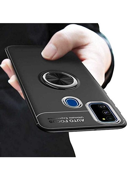 Samsung Galaxy M21 Yüzüklü Manyetik Ravel Kılıf Mavi