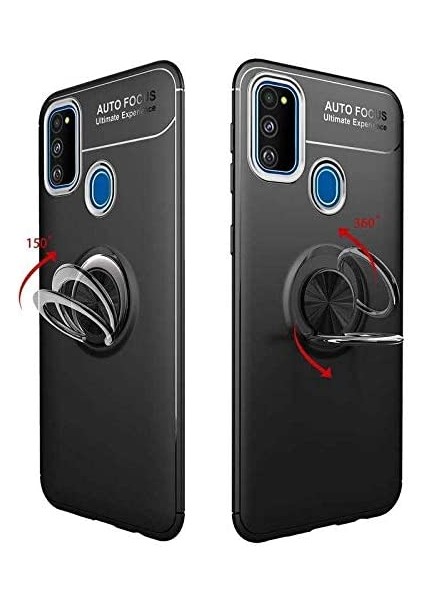 Samsung Galaxy M21 Yüzüklü Manyetik Ravel Kılıf Mavi