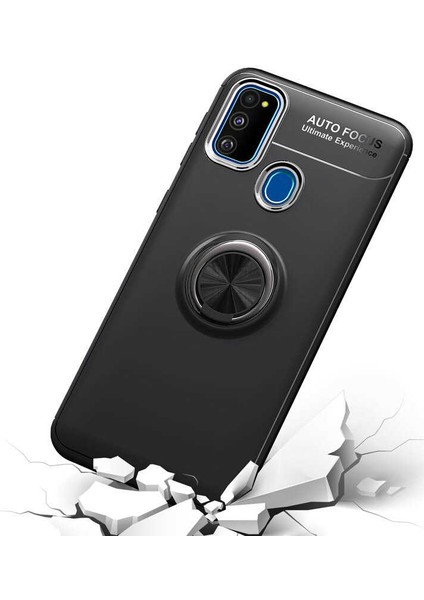 Samsung Galaxy M21 Yüzüklü Manyetik Ravel Kılıf Mavi