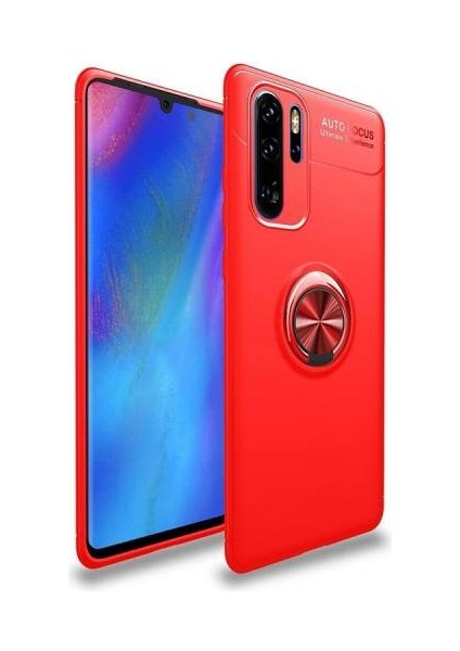 Huawei P30 Pro Yüzüklü Manyetik Ravel Kılıf Nano Ekran Koruyucu Full Setkırmızı