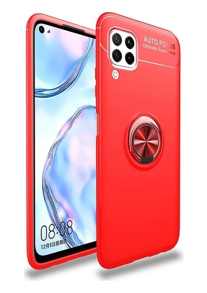 Huawei P40 Lite Yüzüklü Manyetik Ravel Kılıf Nano Ekran Koruyucu Full Setkırmızı